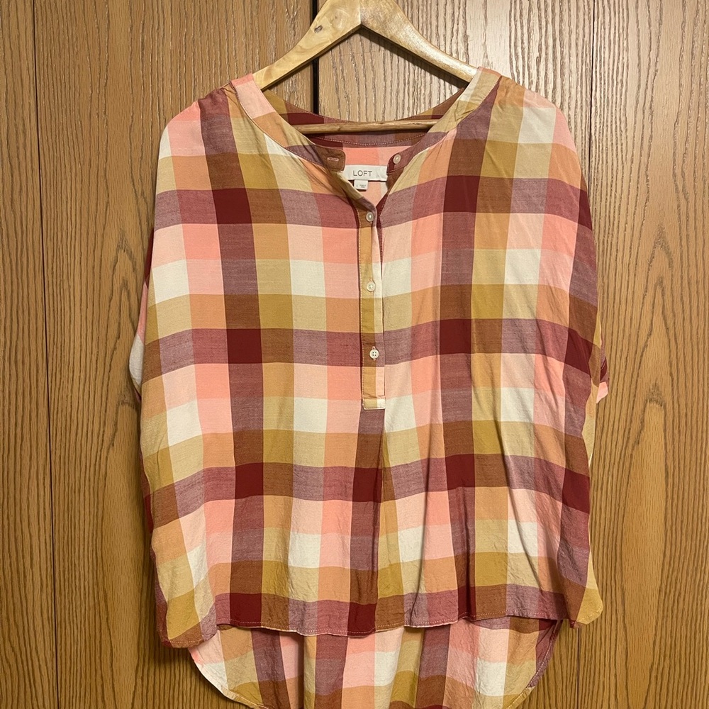 LOFT Women's Plaid Blouse - Pink, Brown, Yellow